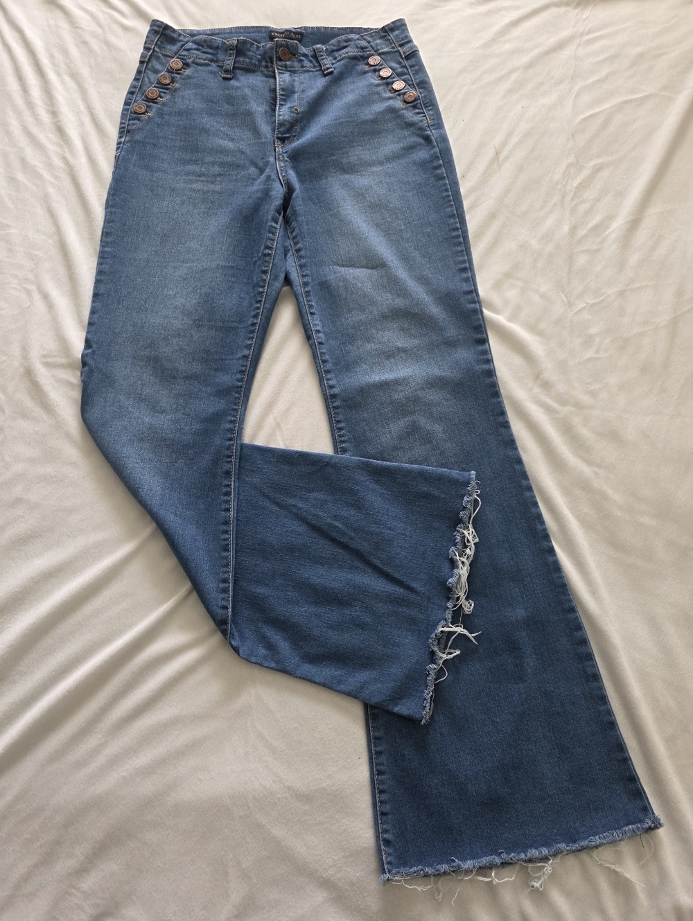 Sincerely Jules Blue High-Rise Flared Jeans with Button Detail, Sz 9 - Picture 2 of 6